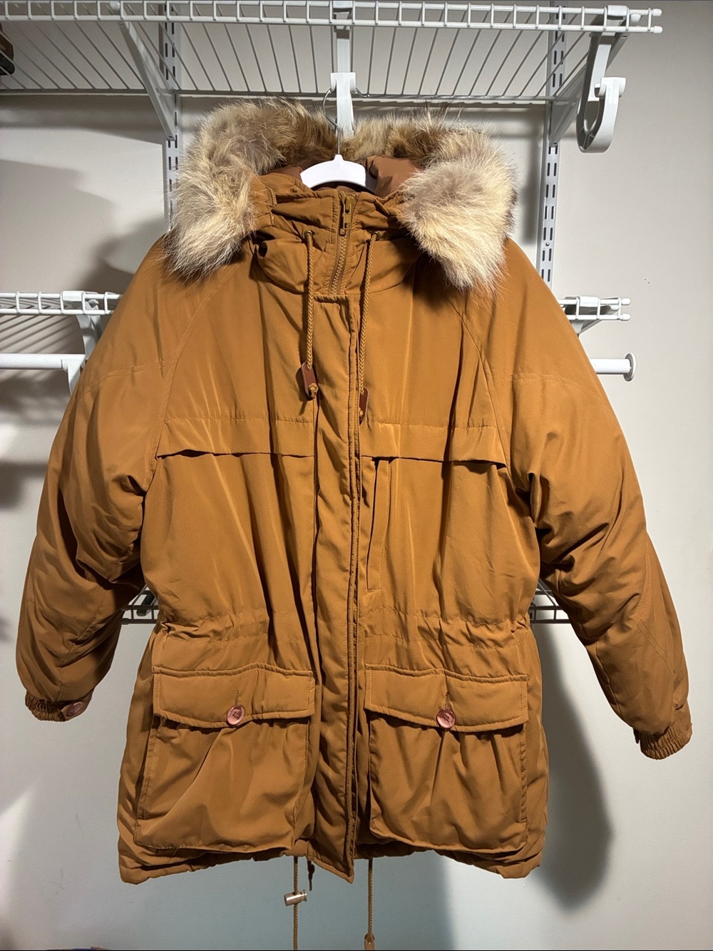 Cabela's Brown Hooded 100% Goose Down Jacket with Coyote Fur Trim